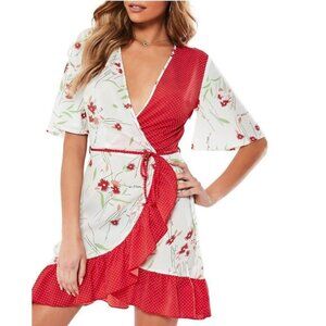 MISSGUIDED Floral Polka Dot Wrap A-Line Dress